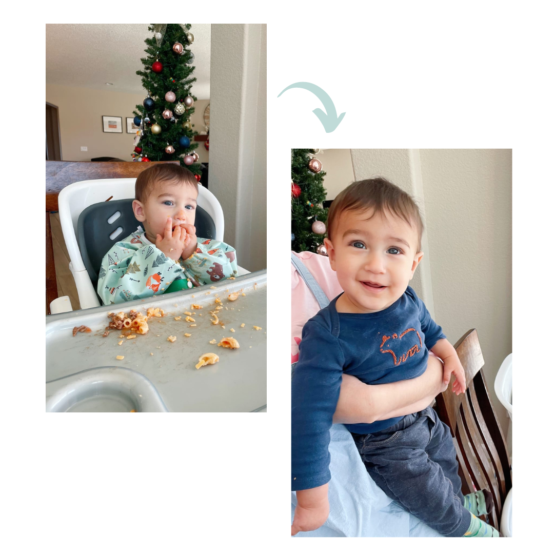 Before and after images showing a baby first eating with a mess before using Bibvy, and then spotlessly clean after using a Bibvy bib, with a Christmas tree in the background