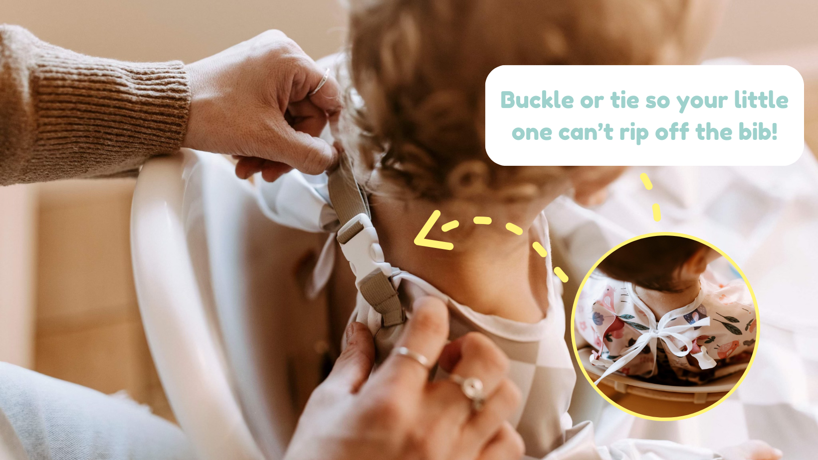 Close-up of hands fastening a secure buckle on a Bibvy bib, with a caption highlighting the feature that prevents little ones from ripping off the bib.