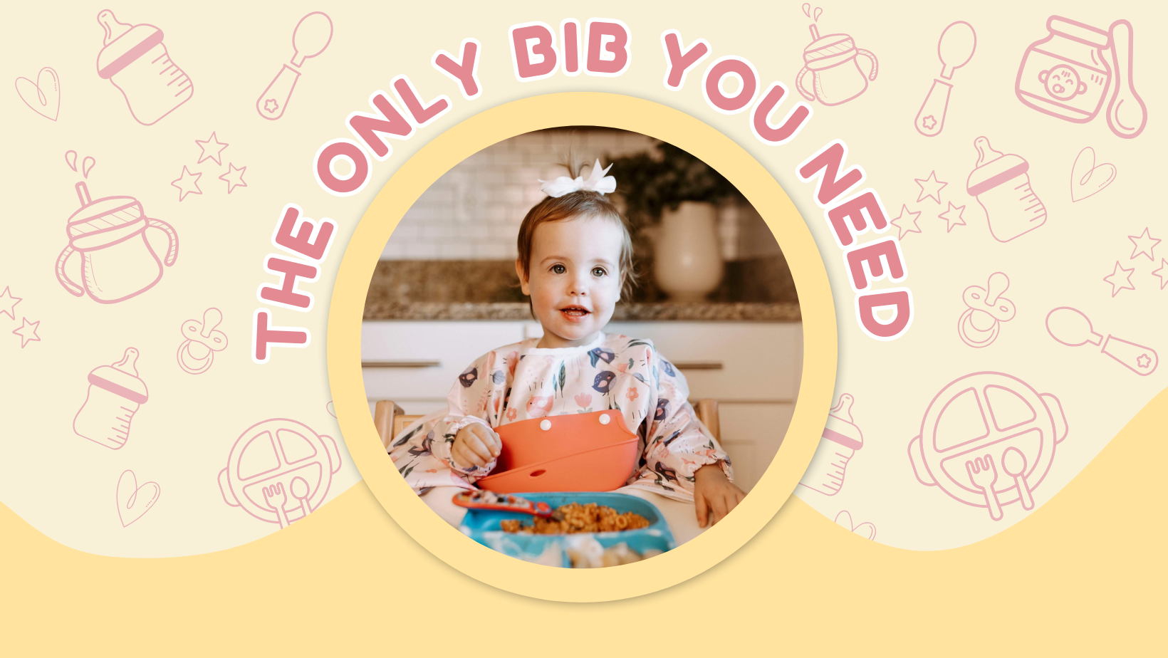 Cheerful toddler in a 'Little Birdie' Bibvy bib surrounded by illustrations of baby items, with the bold statement 'The Only Bib You Need'